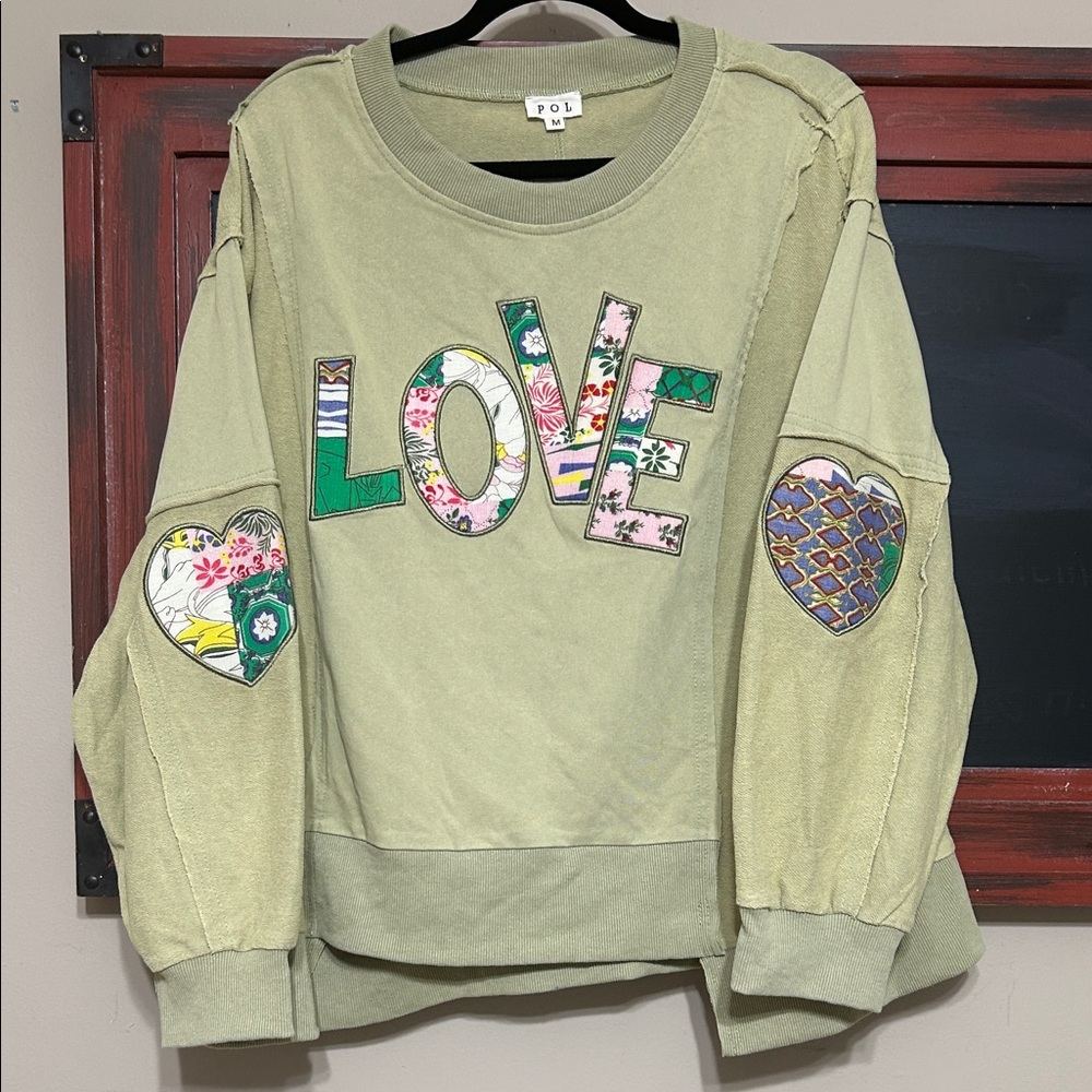 POL Sage Green LOVE Appliqué Pullover with Heart Elbow Patches